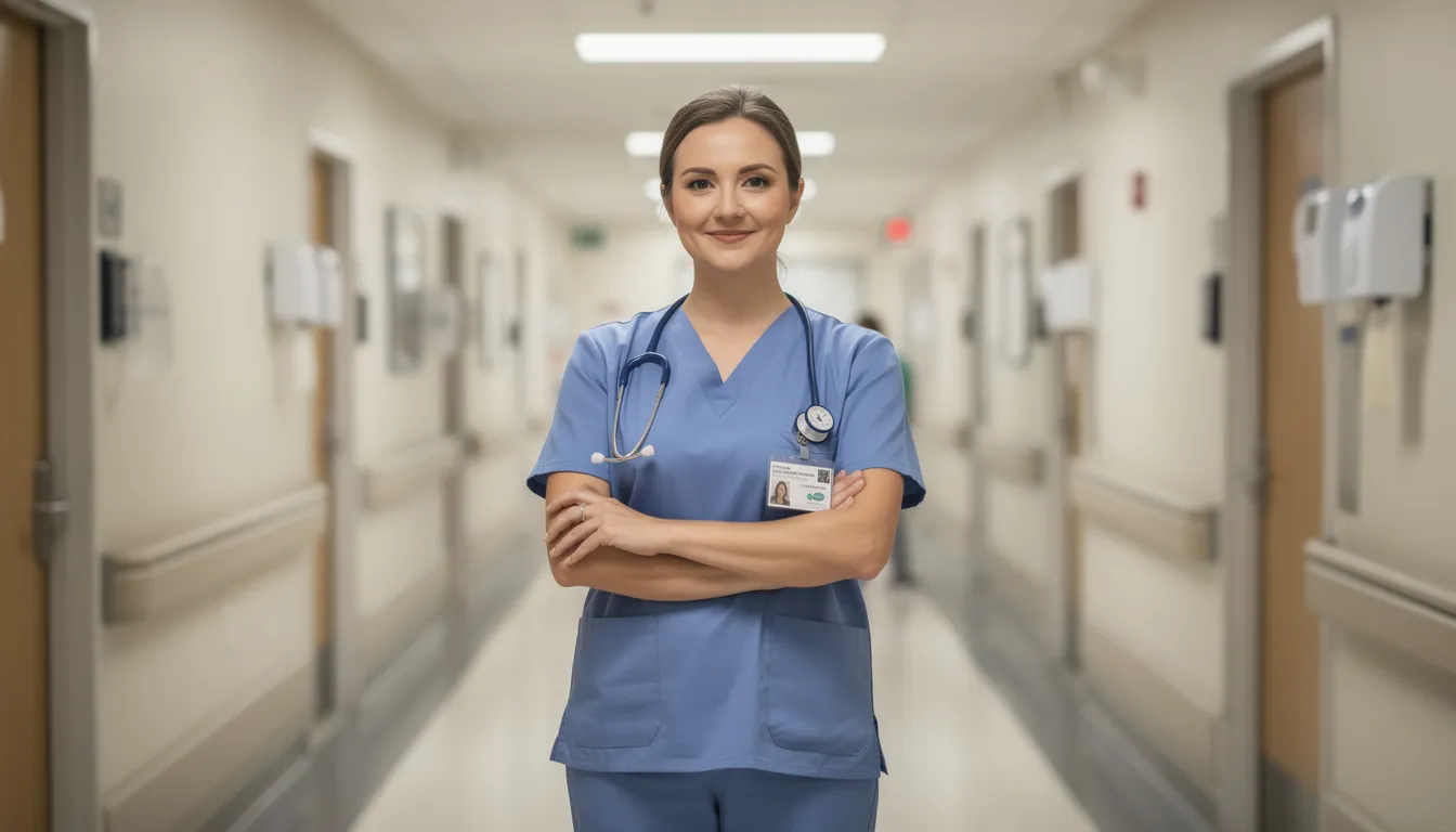A healthcare worker in scrubs stands confidently in a hospital hallway, embodying professionalism and readiness to support patients facing mental health challenges. Their body language suggests a commitment to creating a safe and supportive environment, essential for individuals navigating mental health concerns and societal expectations.