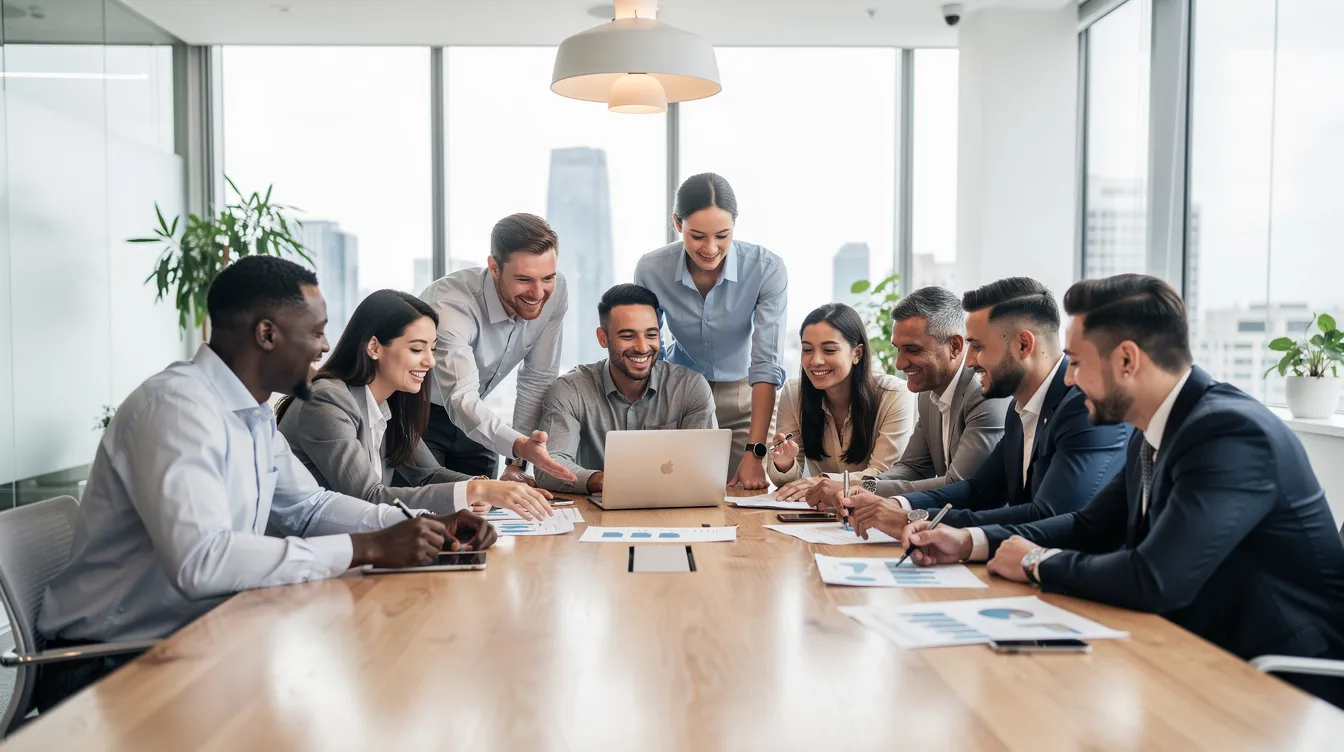 Une équipe diversifiée de professionnels collabore autour d'une table dans un bureau moderne et lumineux, illustrant l'importance du leadership et des compétences managériales pour favoriser la communication et la prise de décision efficace au sein d'une organisation. Cette image reflète un environnement propice au développement personnel et à l'engagement des collaborateurs.