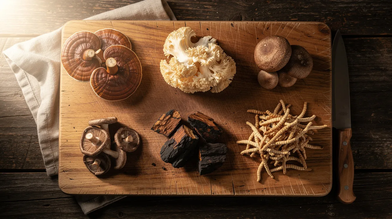 The image features a variety of medicinal mushrooms, including cordyceps and other fungi, beautifully arranged on a rustic wooden cutting board, showcasing their natural textures and colors. This visually appealing display highlights the potential benefits of these mushrooms, often used in dietary supplements and infused gummies for mood enhancement and mental clarity.