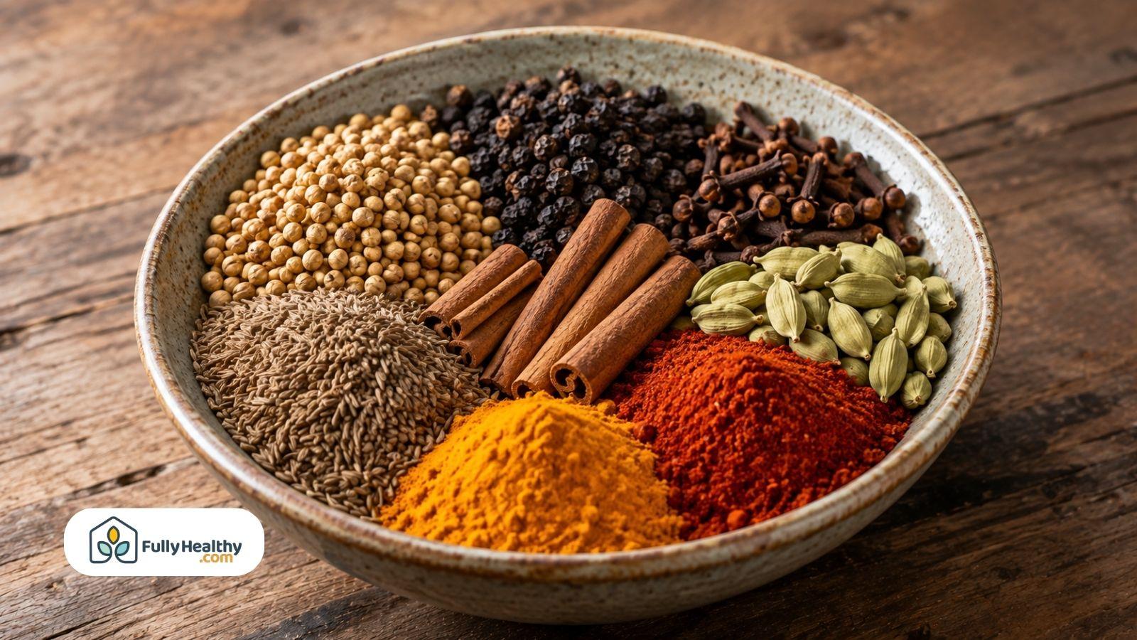 Whole and ground masala spices arranged together in ceramic bowl.