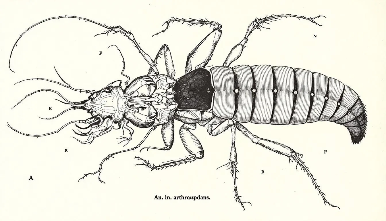 An anatomical diagram of an arthropod showcasing its segmented body and jointed appendages.