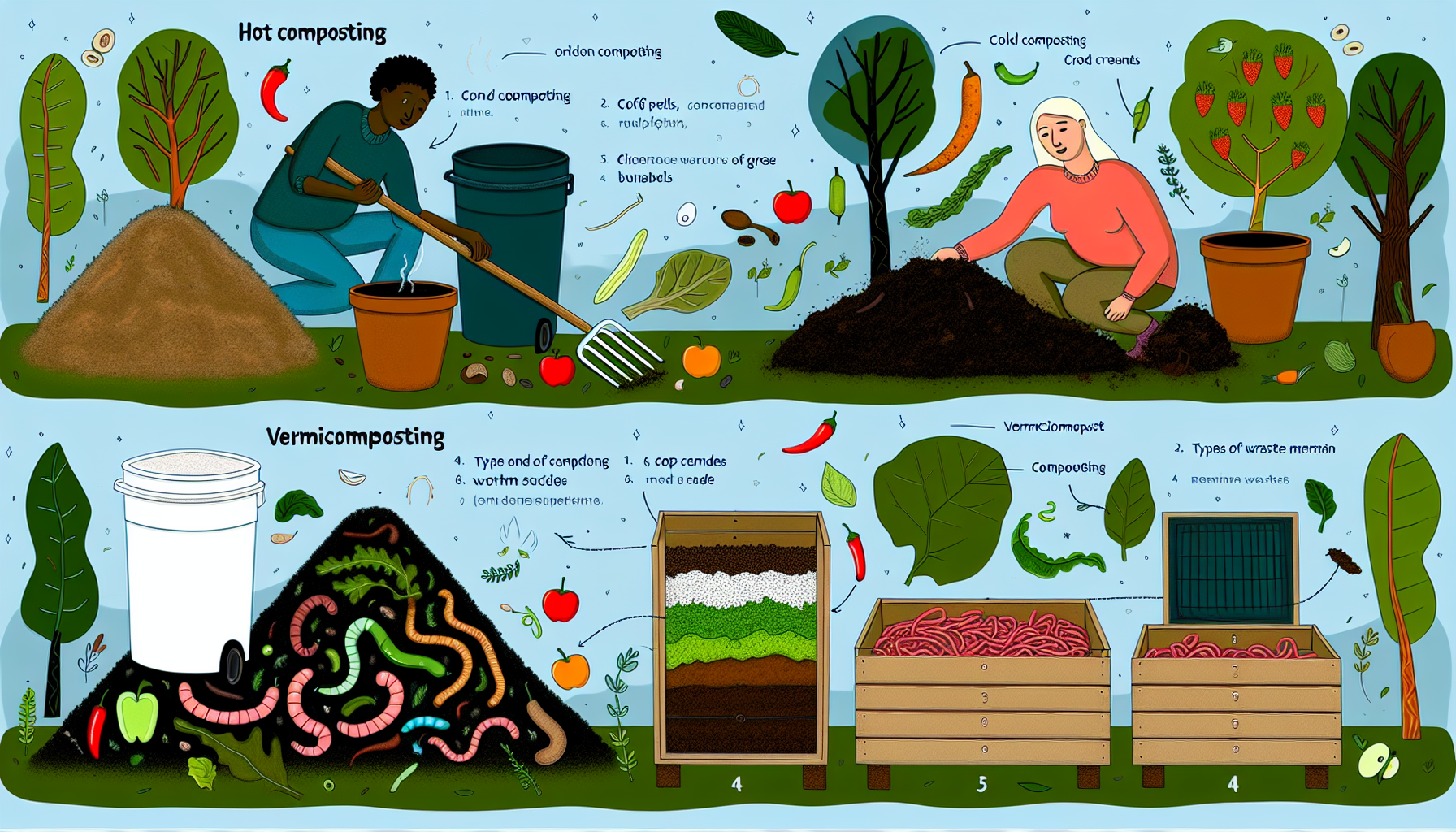 Different composting methods: hot composting, cold composting, vermicomposting