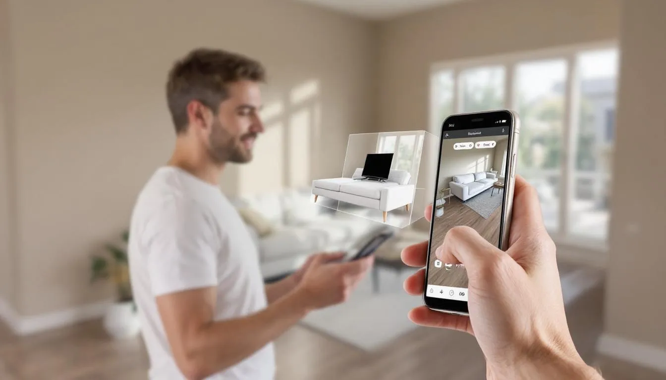 En person använder en mobilapp för att visualisera möbler i sitt hem, vilket hjälper dem att se hur olika produkter passar in i rummet och matchar deras stil. Appen visar ett brett utbud av soffor och fåtöljer från olika varumärken, vilket gör det lättare för kunder att hitta och köpa inredning som de vill ha i hemmet.