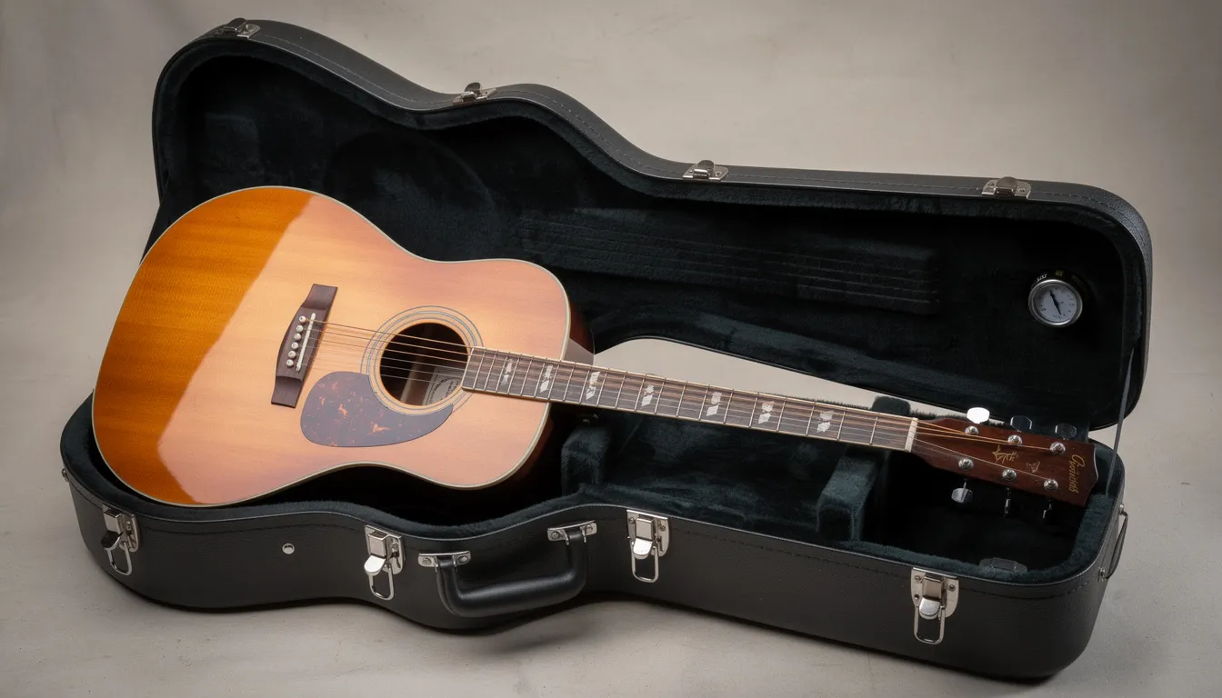 Eine Akustikgitarre liegt in einem geöffneten Hartschalenkoffer, neben ihr befindet sich ein kleines Hygrometer, das die Luftfeuchtigkeit misst. Diese Gitarrenpflege ist wichtig, um die beste Klangqualität und den Zustand des Instruments zu erhalten.