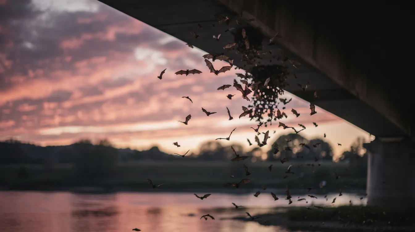 A mesmerizing scene captures bats flying out from under a bridge at dusk, silhouetted against a stunning pink and orange sky, creating a magical atmosphere perfect for a romantic evening in Austin. This enchanting moment is a great way to enjoy the beauty of an Austin sunset, making it an ideal date night idea for music lovers and couples exploring the city.