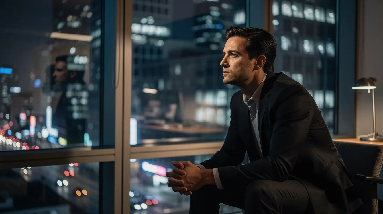 A professional person sits contemplatively by a window at night, with city lights twinkling in the background, reflecting on their leadership style and personal growth. This moment captures the essence of the coaching process, emphasizing the importance of self-awareness and emotional state in achieving success within a professional context.