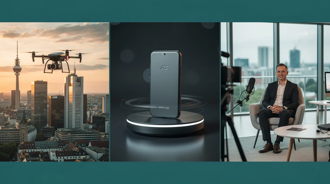 Die Collage zeigt verschiedene Filmszenen, darunter eine Drohne, die über die Frankfurter Skyline schwebt, eine Nahaufnahme eines Produkts auf einem Drehtisch sowie ein modernes Interview-Setup in einem Büro. Diese visuellen Elemente repräsentieren die Vielfalt der Filmproduktion und die Expertise von muthmedia GmbH in der Videoproduktion in Frankfurt am Main.