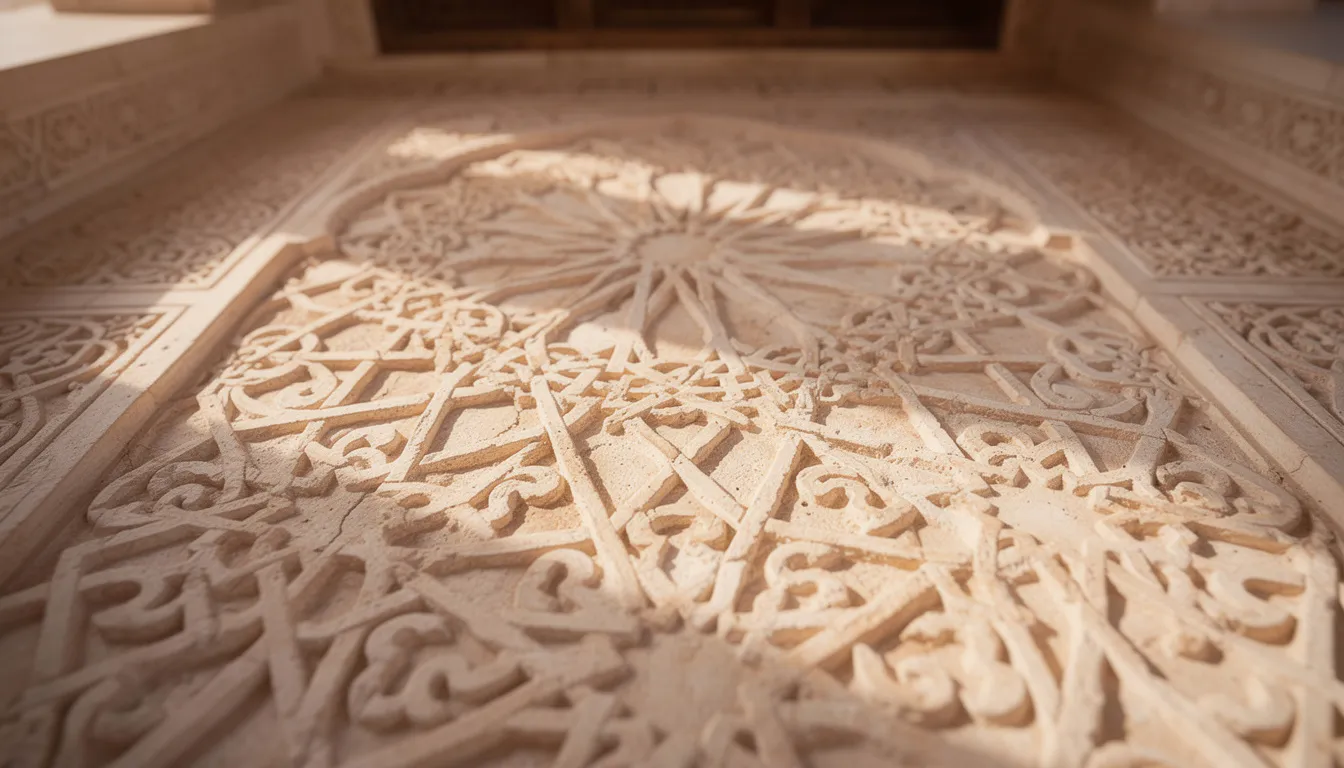 The image showcases intricate geometric Islamic patterns beautifully carved in plaster at a Moroccan madrasa, reflecting the rich history and vibrant culture of Morocco's imperial cities. This stunning craftsmanship is a testament to the country's Islamic heritage and artistic traditions.