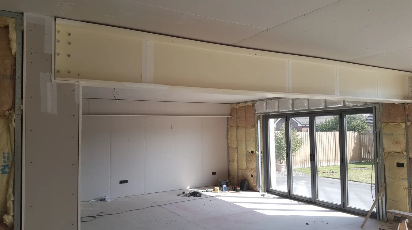 The image shows a steel beam wrapped in fire protection materials, part of a domestic extension project. This setup highlights the importance of fire-rated plasterboard and proper structural support, essential for builders and structural engineers working on home renovations.