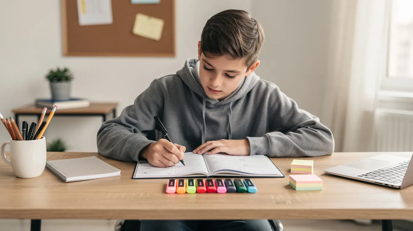 A teenager is sitting at a desk, focused on writing in a planner surrounded by organized school supplies. This scene reflects healthy habits for managing stress, as the teen engages in planning to cope with the demands of school and daily life.