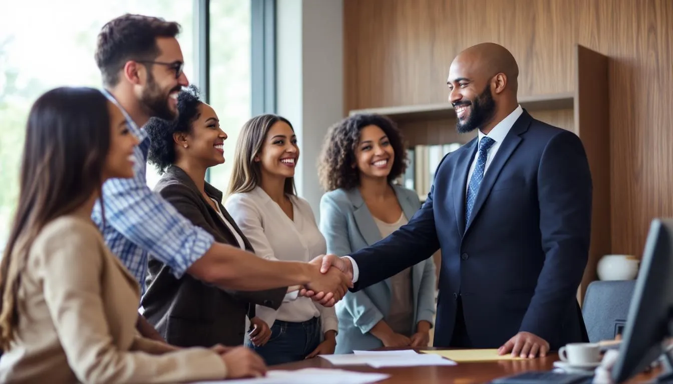 In a professional setting in Durham, North Carolina, happy clients are shaking hands with their attorney, symbolizing a successful resolution of their legal dispute. This moment reflects the positive outcomes that can arise from effective mediation and alternative dispute resolution practices.