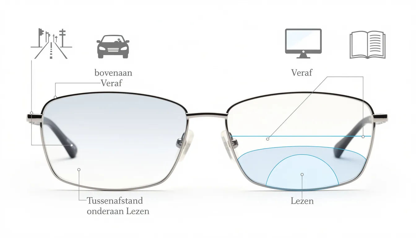 De afbeelding toont een vergelijking tussen een multifocale bril en een bifocale bril, waarbij de zichtbare scheidingslijn van de bifocale brillenglazen duidelijk naar voren komt. Dit benadrukt het verschil in scherp zicht voor dichtbij en veraf, wat belangrijk is bij het kiezen van de juiste bril.
