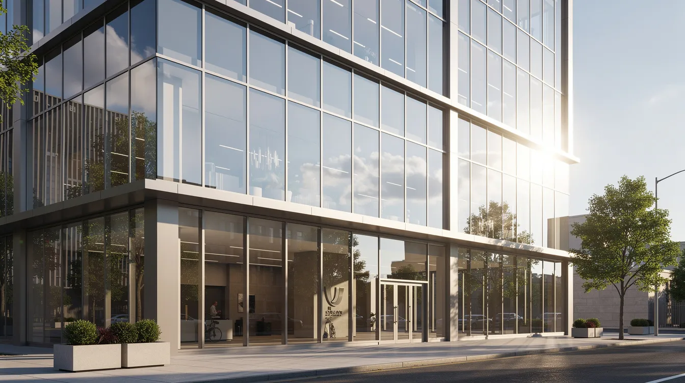 A modern commercial building features large glass windows that reflect sunlight, showcasing a sleek design. The use of uv protection window film can help reduce heat and glare, protect furnishings from harmful uv rays, and enhance energy efficiency within the space.