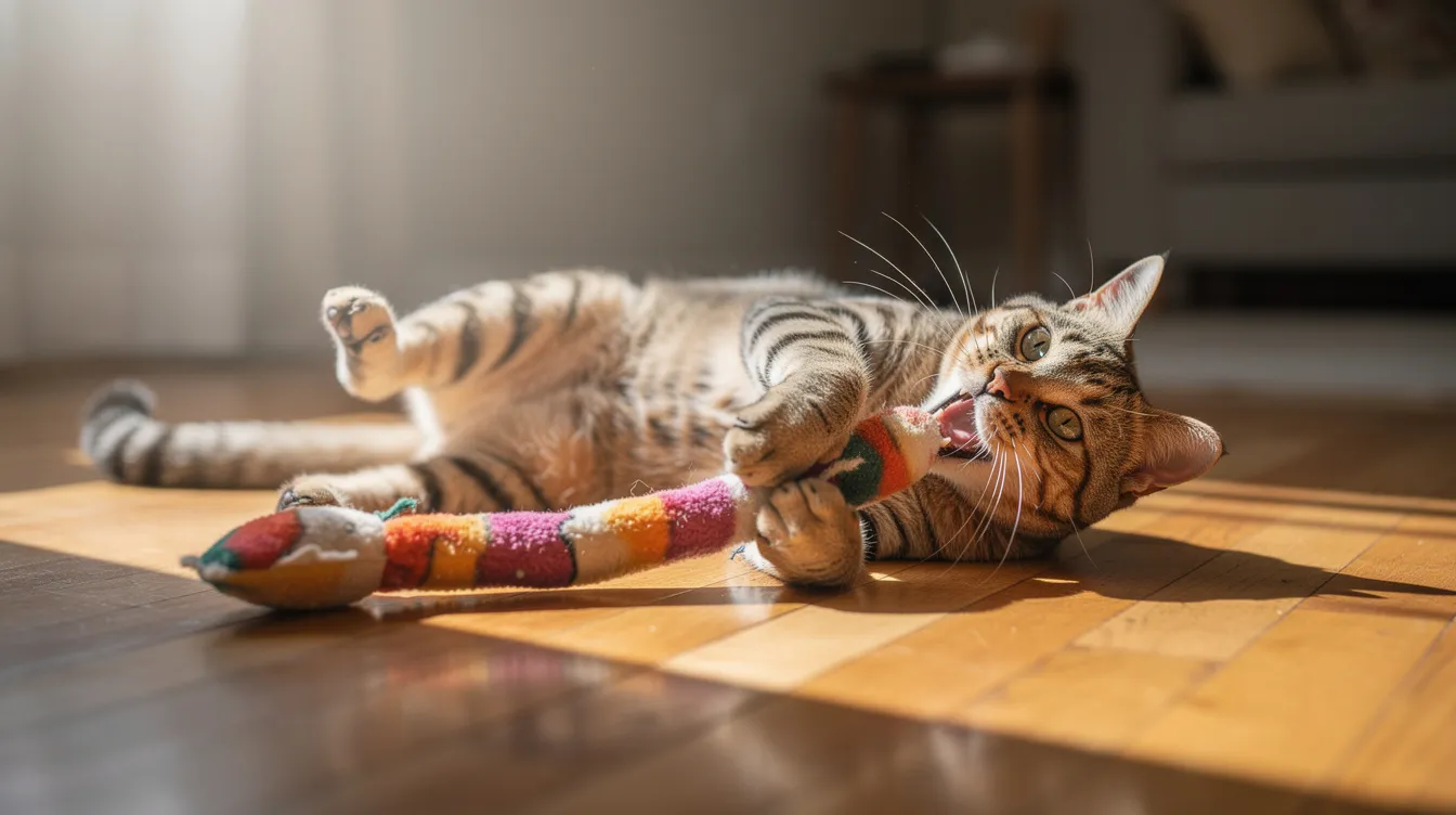 A playful indoor cat is lying on its side on a hardwood floor, wrestling with a long plush kicker toy filled with catnip. The soft fabric of the toy invites the cat to engage in active play, using its hind legs to kick and bite, providing both entertainment and mental stimulation.