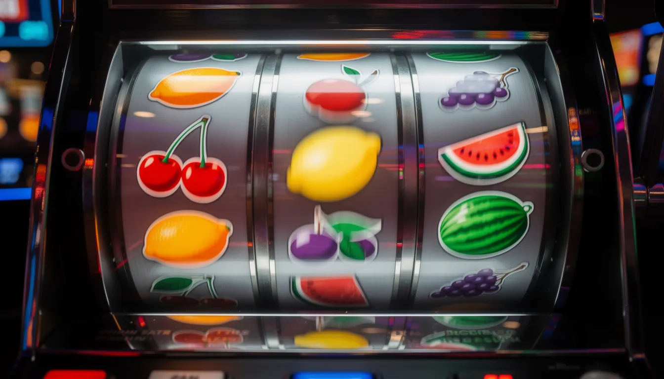 En färgglad spelautomat med snurrande hjul som visar olika fruktsymboler, vilket skapar en livlig och spännande atmosfär för spelare. Denna typ av spel kan hittas hos Playtoro, där du kan njuta av online slots och bonusar.
