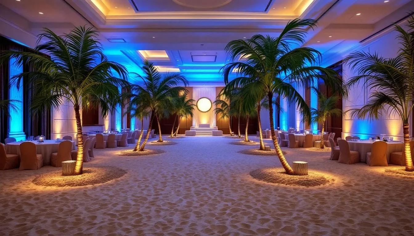 The image depicts an indoor venue transformed into a vibrant beach party atmosphere, featuring soft sand, lush palm trees, and soothing blue lighting. This creative setup invites guests to relax and enjoy a unique beach theme event, perfect for creating memorable moments with friends and family.