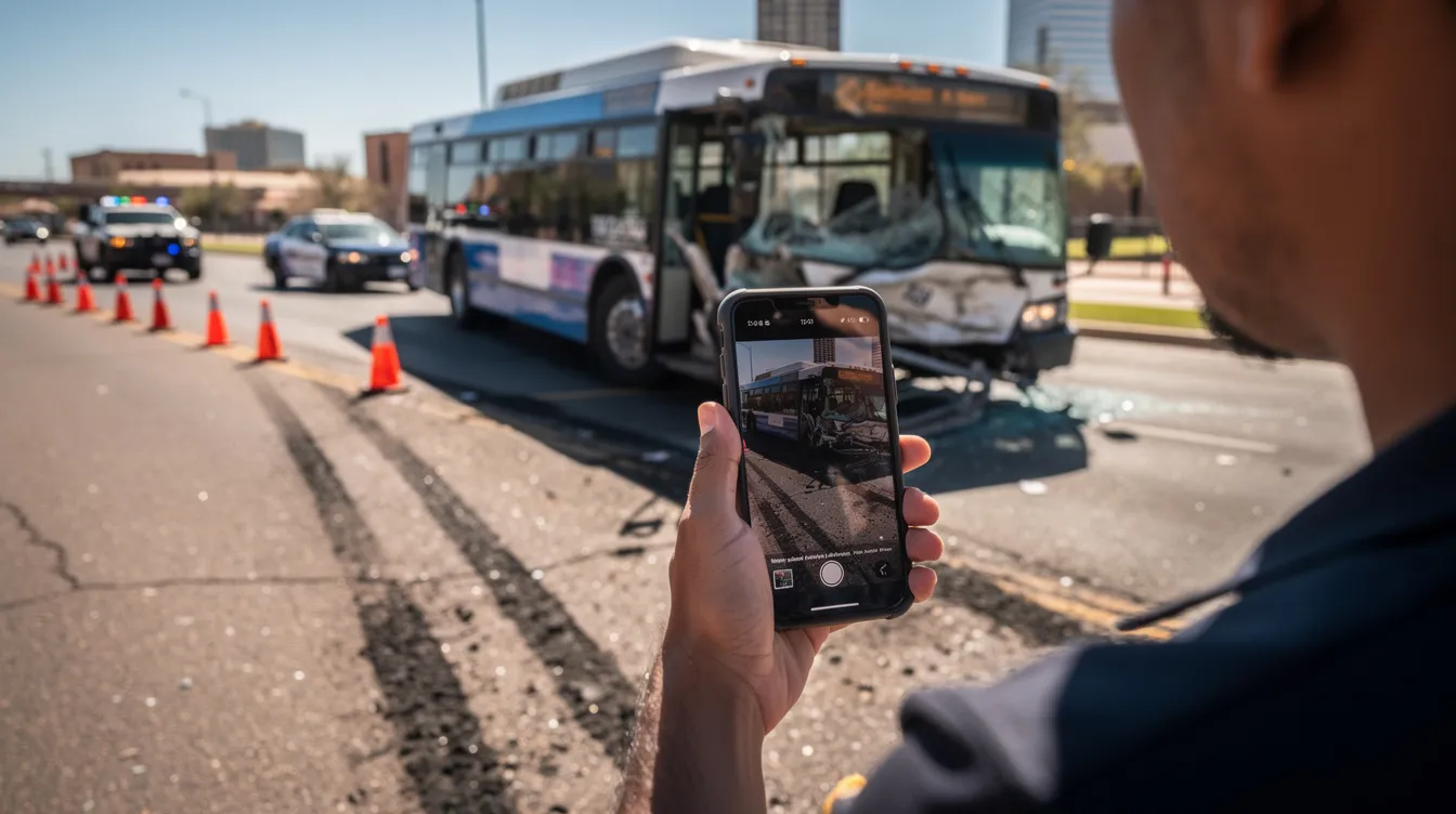 A person is closely documenting a bus accident scene with their smartphone, capturing details of the damaged city bus, skid marks on the road, and the bus number, while police vehicles and traffic cones are visible in the background under bright Arizona sunlight. This candid moment highlights the importance of gathering evidence for bus accident claims and the emotional and physical toll on bus accident victims.