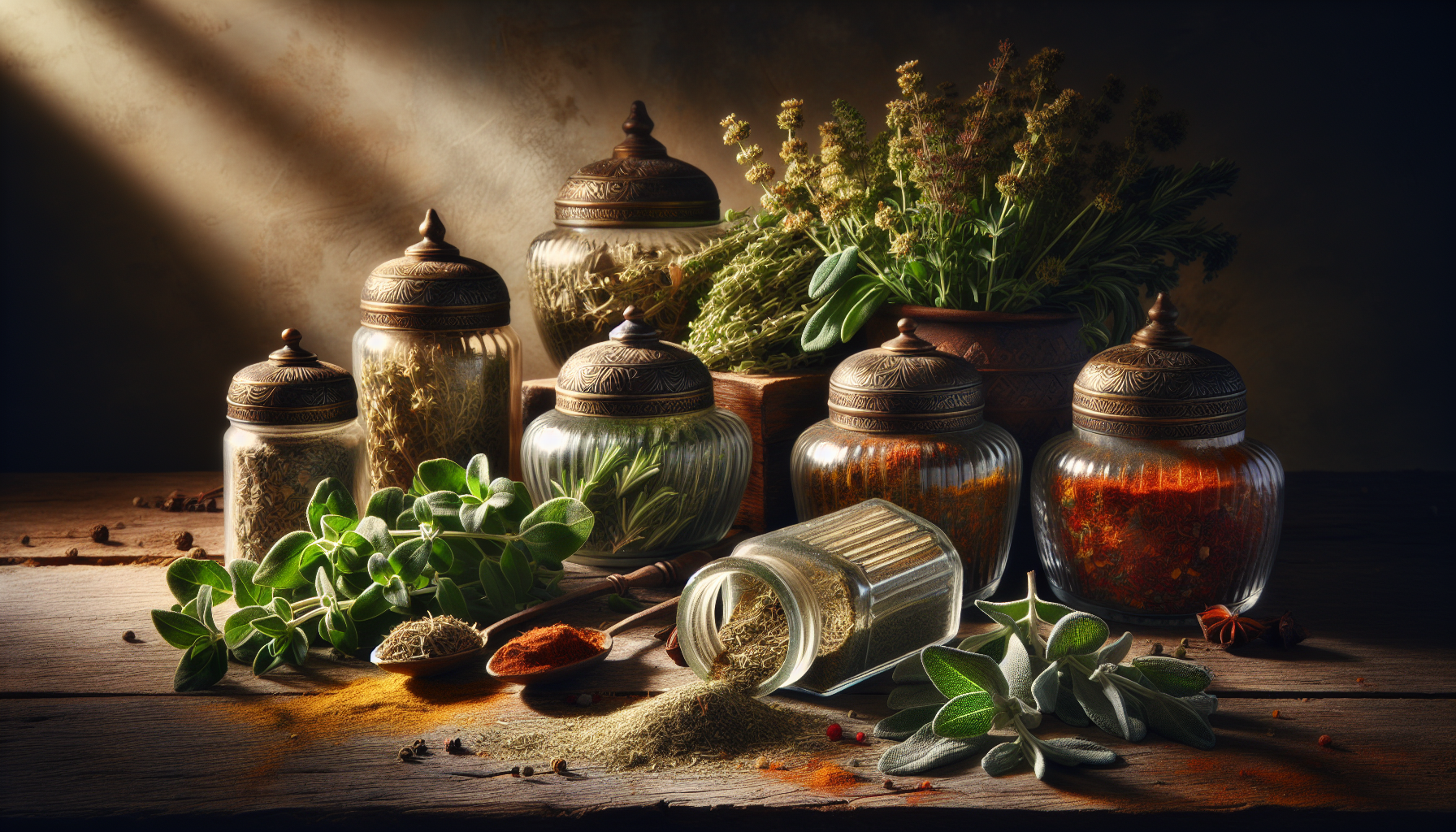 Aromatic herbs and spices arranged in a decorative manner