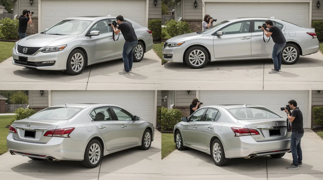 A person is photographing a silver sedan parked in a driveway, capturing multiple angles to document any potential vehicle damage for insurance claims. This visual evidence may be crucial in establishing liability and supporting the claims process in case of a car accident.