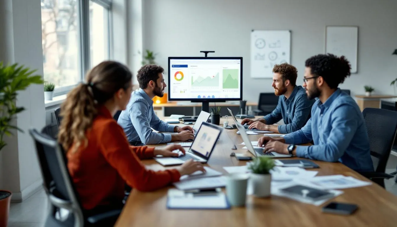 Na zdjęciu zespół marketingowy analizuje wyniki kampanii na laptopach, skupiając się na działaniach promocyjnych w mediach społecznościowych, co pozwala lepiej zrozumieć potrzeby rynku oraz skuteczność strategii promocyjnej. Ich celem jest pozyskiwanie nowych klientów oraz zwiększenie sprzedaży produktów i usług przedsiębiorstwa.