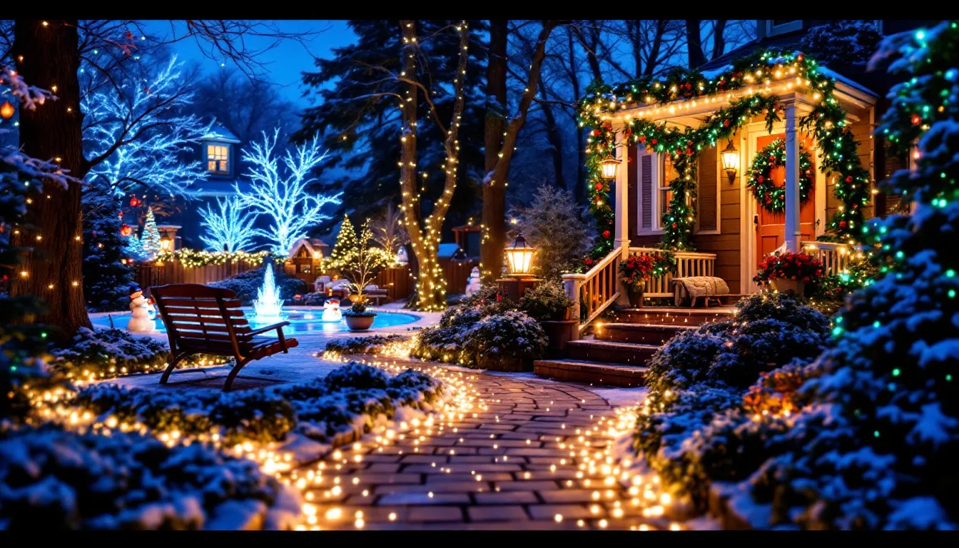 A beautifully decorated yard with Christmas lights, showcasing decorating tips for different areas.