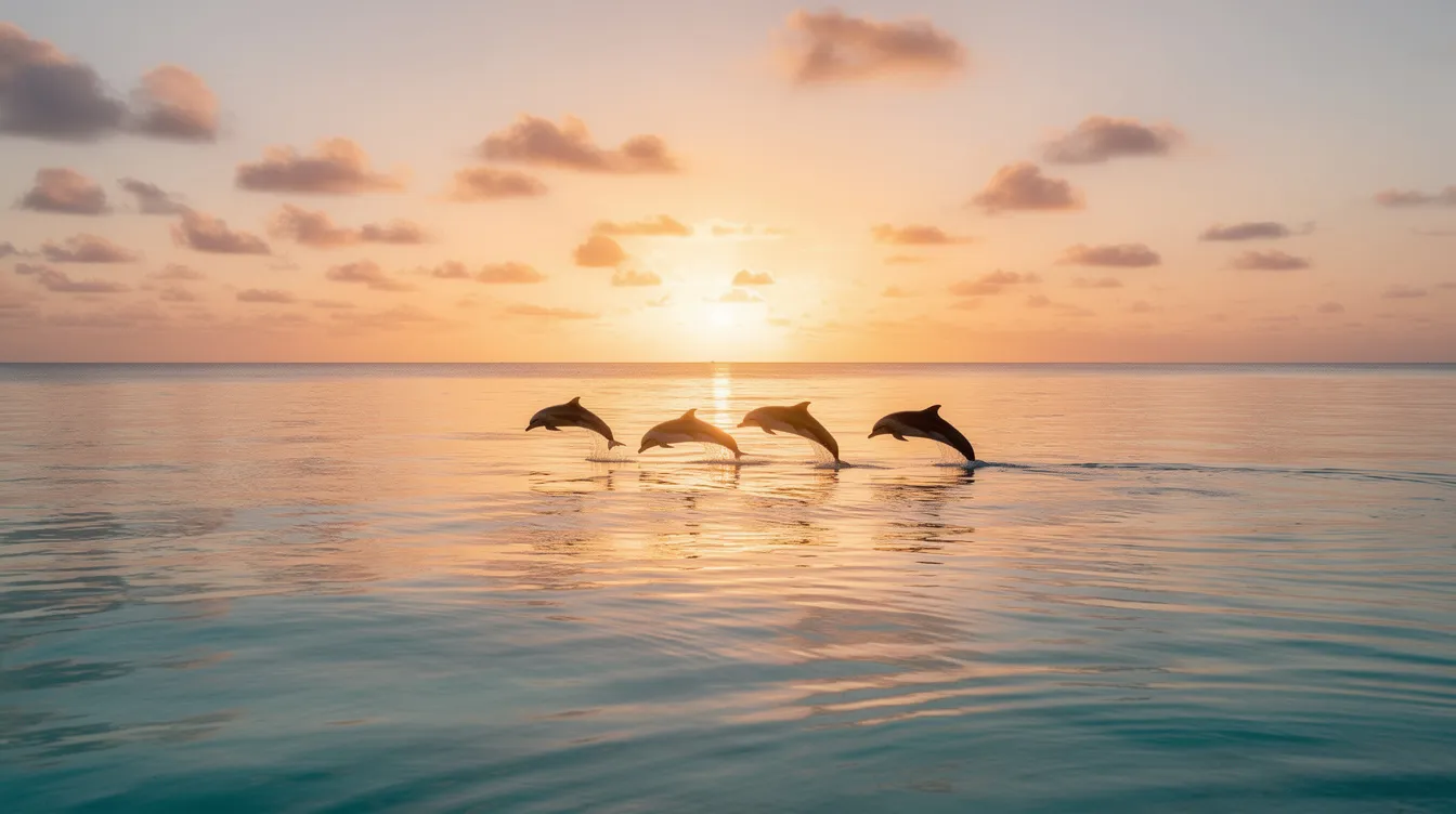 Imagem de um pôr do sol deslumbrante sobre as águas calmas do Caribe, com silhuetas de golfinhos saltando ao fundo. As cores vibrantes do céu se refletem na superfície azul turquesa do mar, criando uma cena paradisíaca típica das ilhas ABC, como Curaçao.