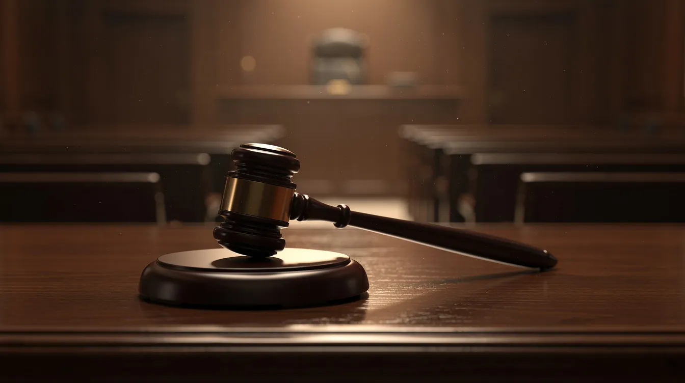 The image depicts a judge's gavel resting on a wooden desk in a dimly lit courtroom, symbolizing the legal landscape surrounding issues such as the sale of hemp derived products and the enforcement of state laws regarding cannabis. The atmosphere conveys a sense of authority and seriousness, reflecting the importance of legal decisions related to the regulation of consumable hemp products.