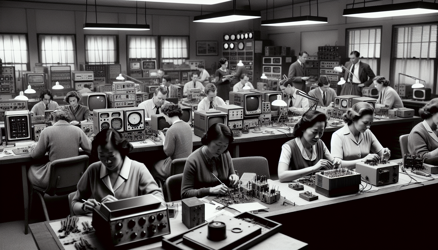 A historic black and white photo of the early days of Texas Instruments