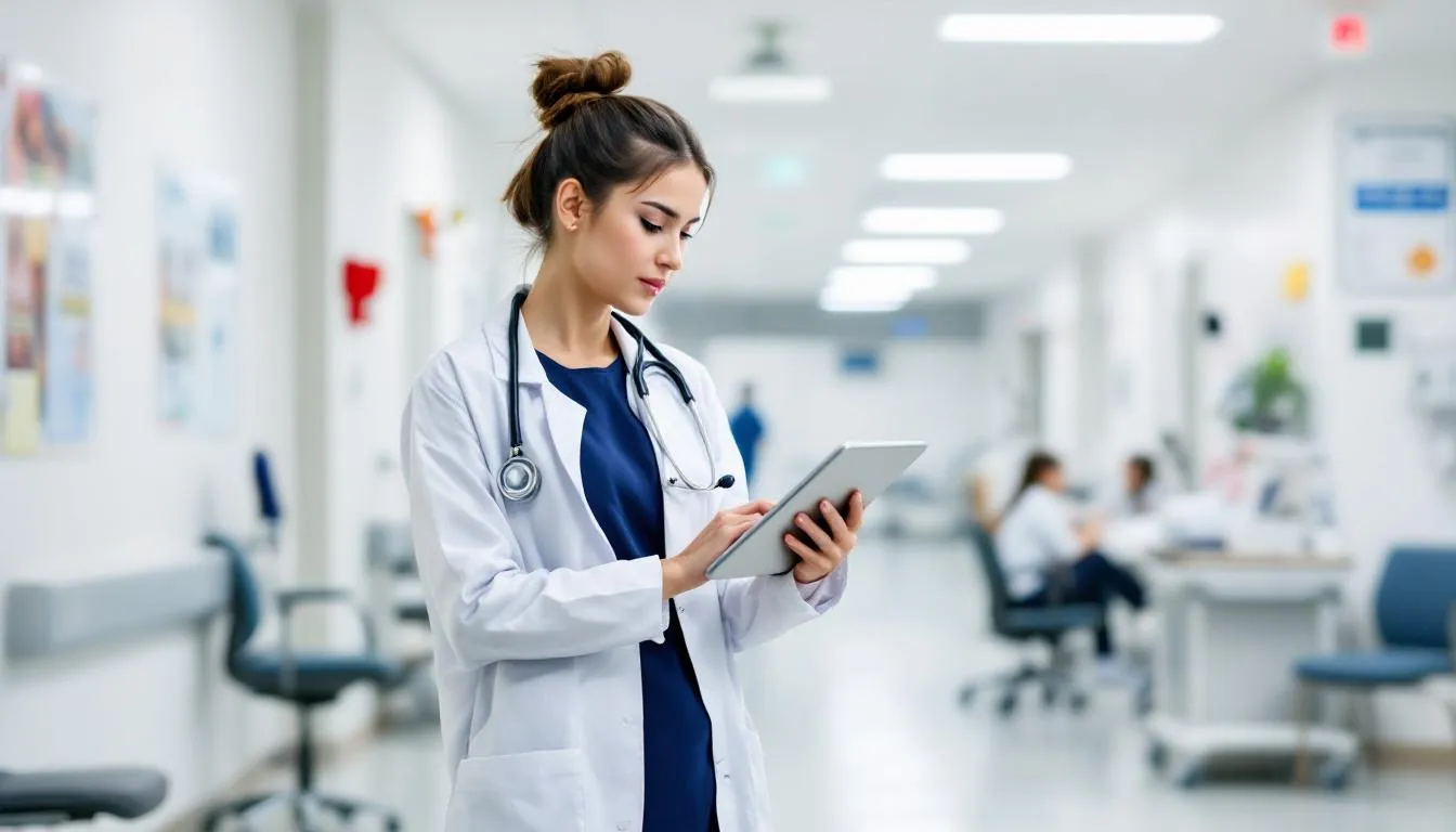 A young female doctor stands thoughtfully in a hospital hallway, contemplating her options for a physician mortgage loan to address her high student loan debt and potential mortgage payment. She appears inquisitive as she weighs the benefits of low down payment options and the implications of private mortgage insurance.