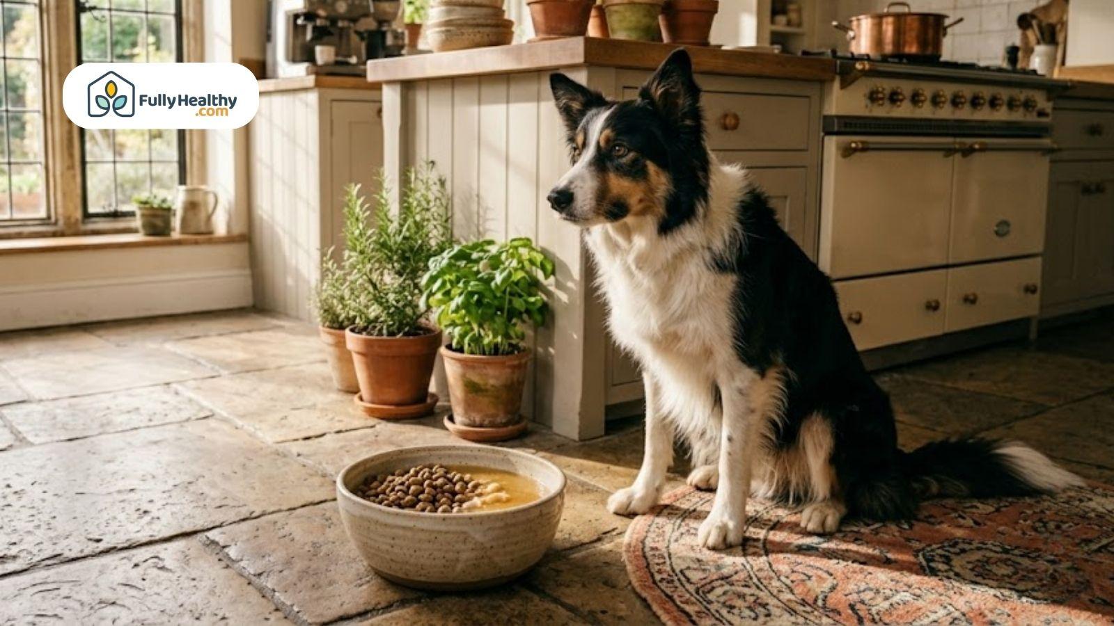 Dog sitting beside a bowl of food with broth in a warm, rustic kitchen.