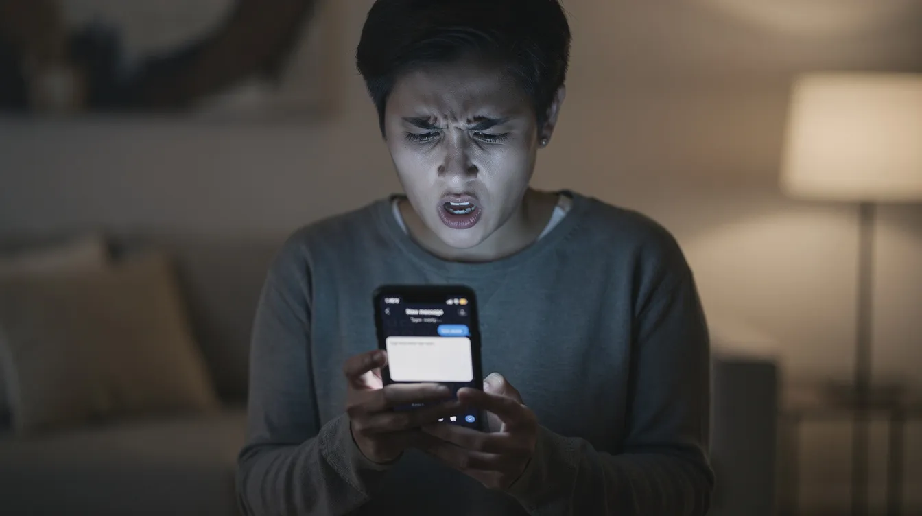 A person with a puzzled expression is looking at their phone, contemplating whether to respond to a message, possibly reflecting on their past relationship experiences and the commitment issues that often arise in romantic relationships. This moment captures the inner conflict of wanting to connect while feeling uncertain about commitment and emotional connection.