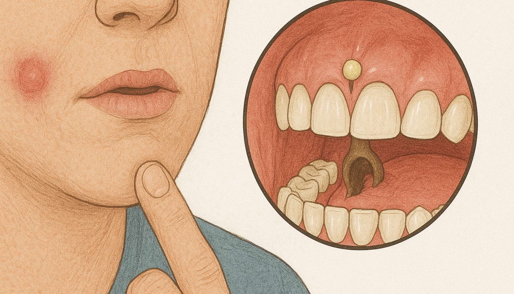Illustrasjon av fistel fra skjult tanninfeksjon som finner vei ut gjennom tannkjøttet og huden.