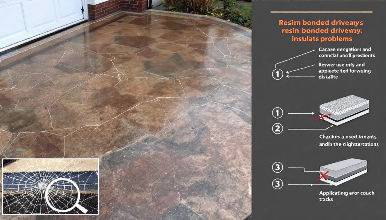 An image depicting common problems with resin bonded driveways, highlighting issues like cracking and discolouration.