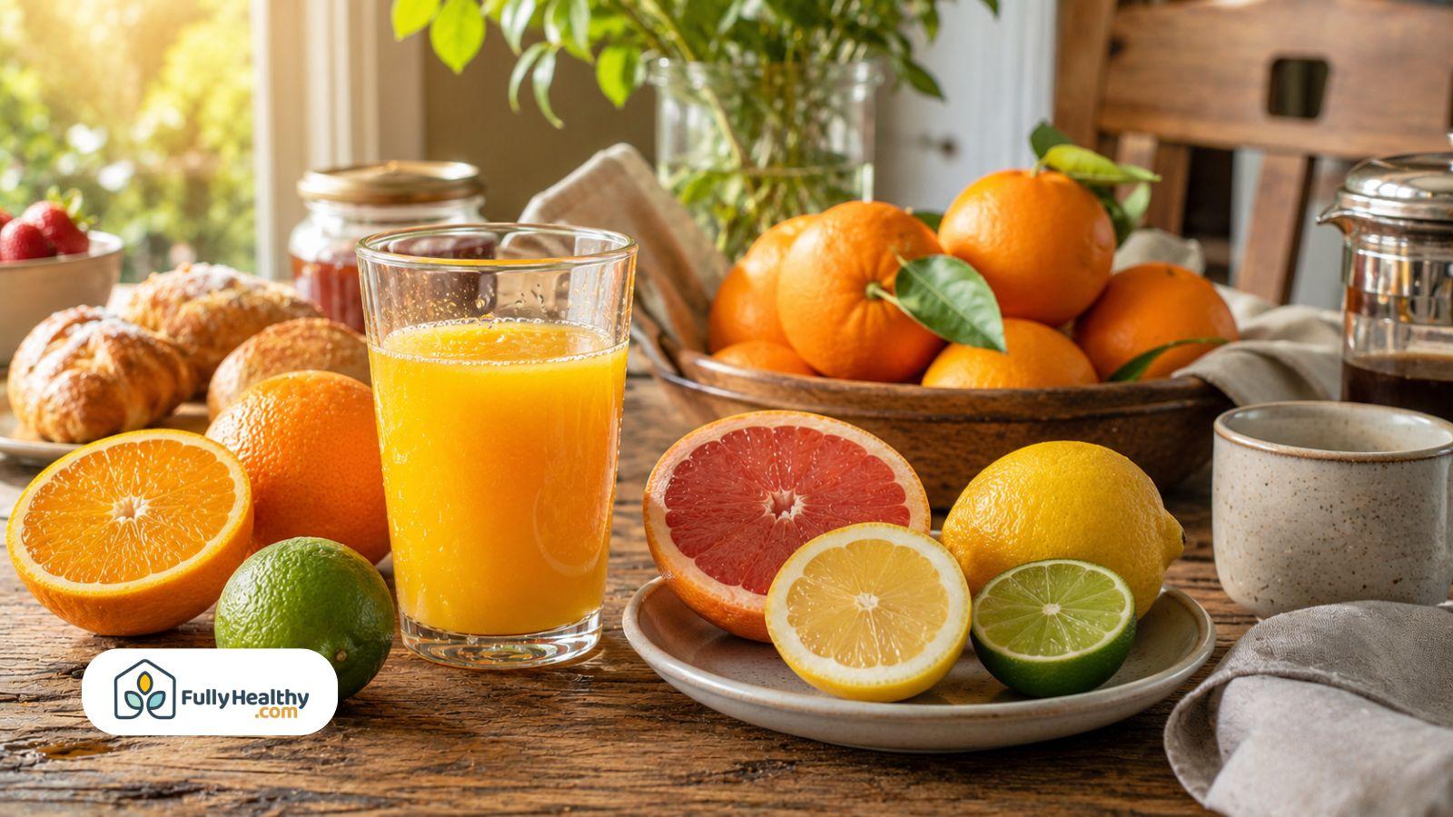 Glass of fresh orange juice with mixed citrus fruits on table