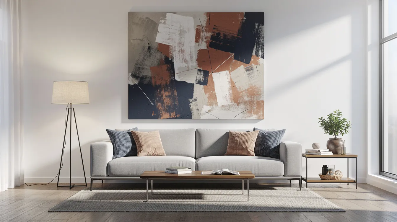 A modern living room features a contemporary sofa with a large abstract wall artwork above it, adding a vibrant touch to the space. This striking piece serves as a focal point, showcasing unique art styles that transform the room