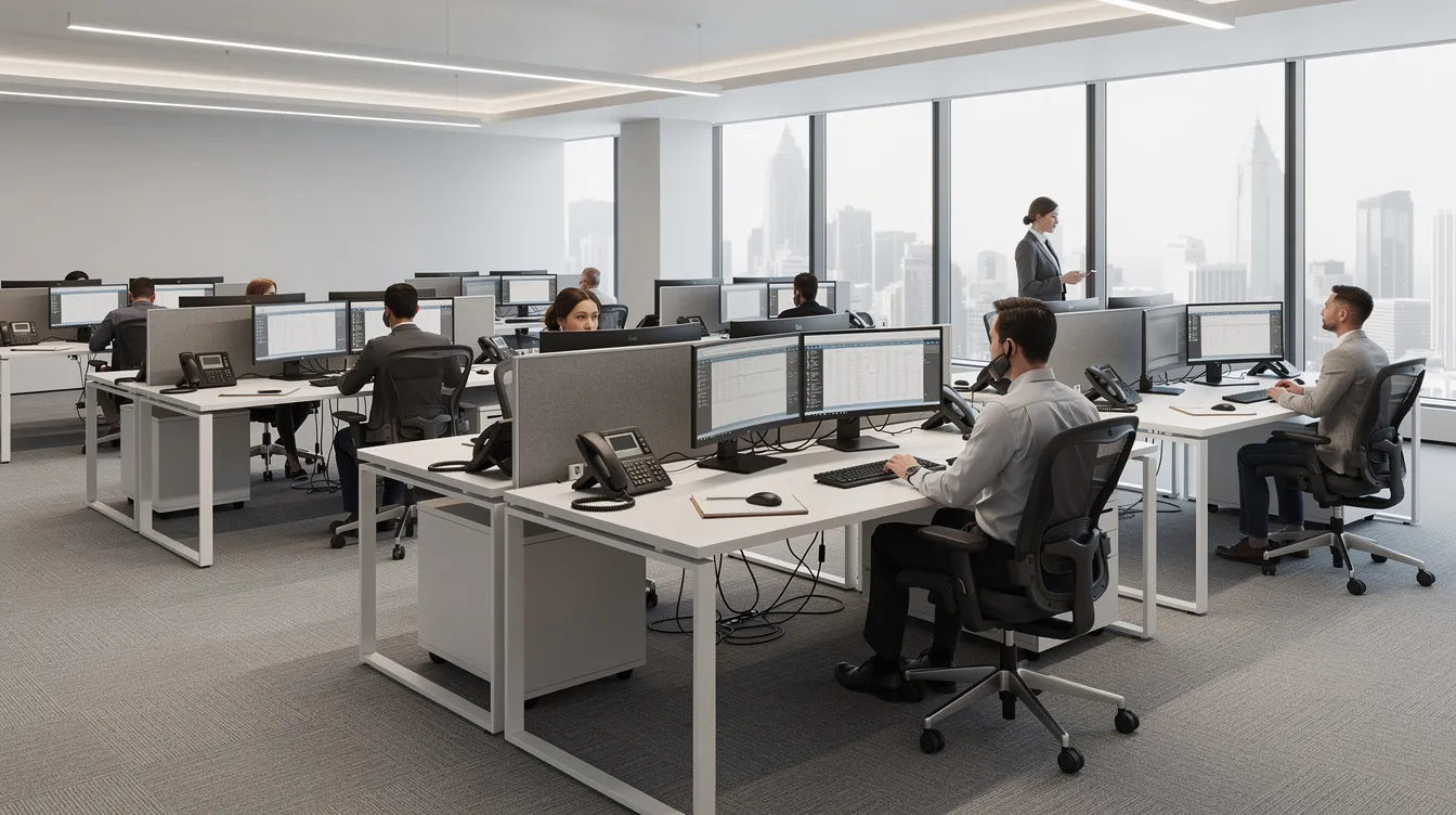 The image depicts a professional office environment featuring desks equipped with monitors and phones in a mid-sized open workspace, highlighting the importance of operational continuity and effective communication protocols for business operations. This setting serves as a reminder of the need for a robust business continuity plan to mitigate risks and ensure critical functions remain intact during disruptions.