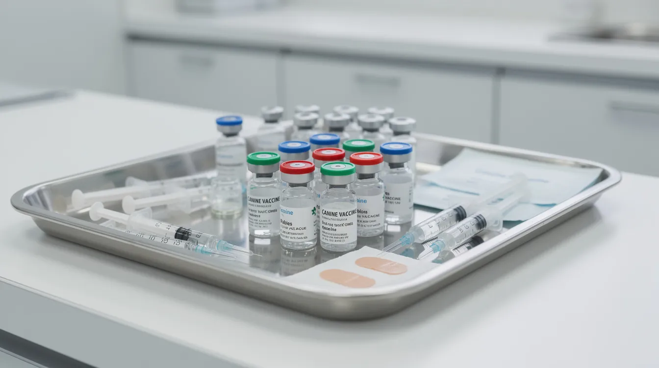 The image shows a tray filled with various dog vaccines, including those for rabies, kennel cough, and canine distemper, which are essential for protecting pets from highly contagious diseases. This medical care helps ensure a healthy life for dogs by preventing the spread of illnesses and supporting their overall health.