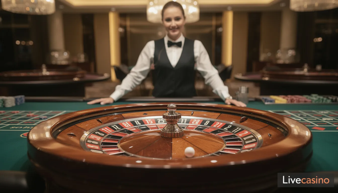 En professionell dealer står vid ett livecasino-bord med ett rouletthjul, där spelare kan delta i spelet och satsa sina insatser. Atmosfären är spännande och livlig, vilket ger en autentisk casinoupplevelse för de som spelar hos mamamia bingo.