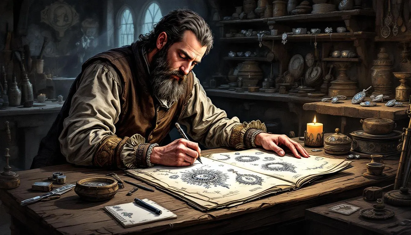 A designer sketching unique jewellery pieces on a notepad.