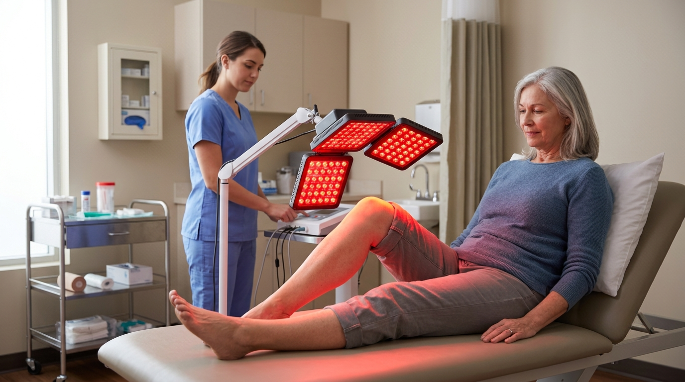 Physical therapist adjusting a dual-panel red light device positioned over a patient's knee in a treatment room