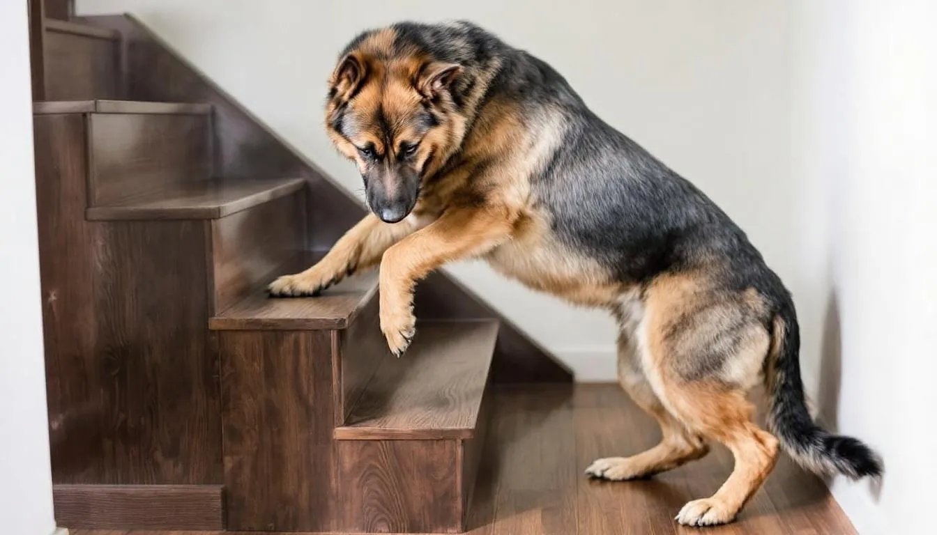 A large breed dog hesitates at the bottom of the stairs, showing signs of discomfort that may indicate early symptoms of hip dysplasia. The dog