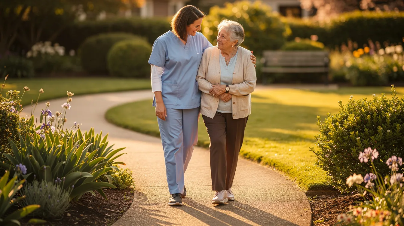 A caregiver gently assists an elderly woman as they walk together along a garden path, bathed in warm afternoon light. This scene highlights the importance of companionship and support in home care, promoting independence and safety for older adults.
