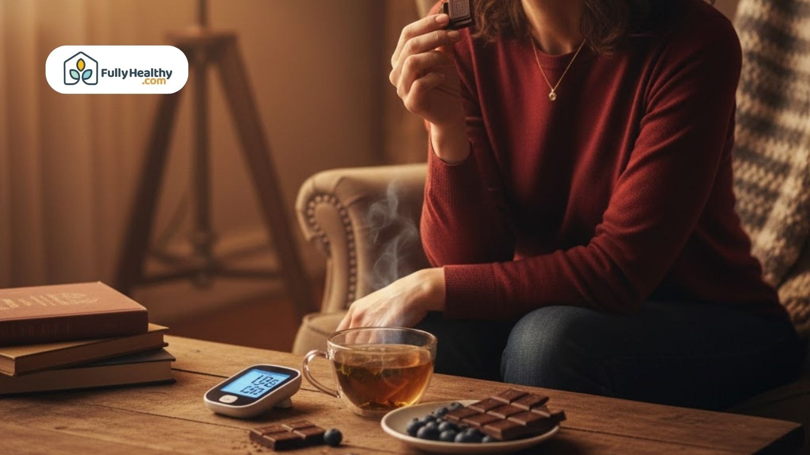 Woman eating dark chocolate while checking blood glucose monitor and drinking tea.