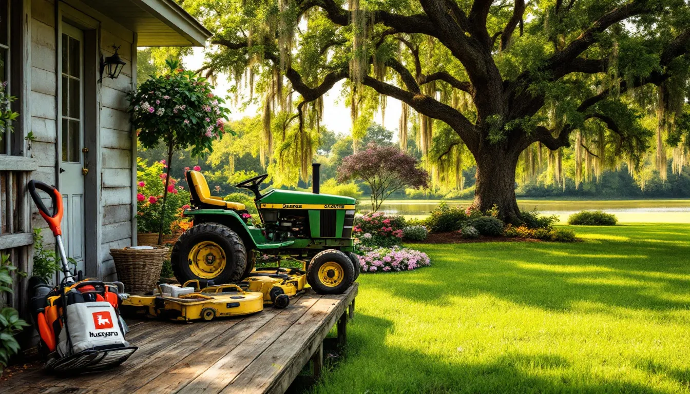 Essential landscaping equipment for a lawn care business.