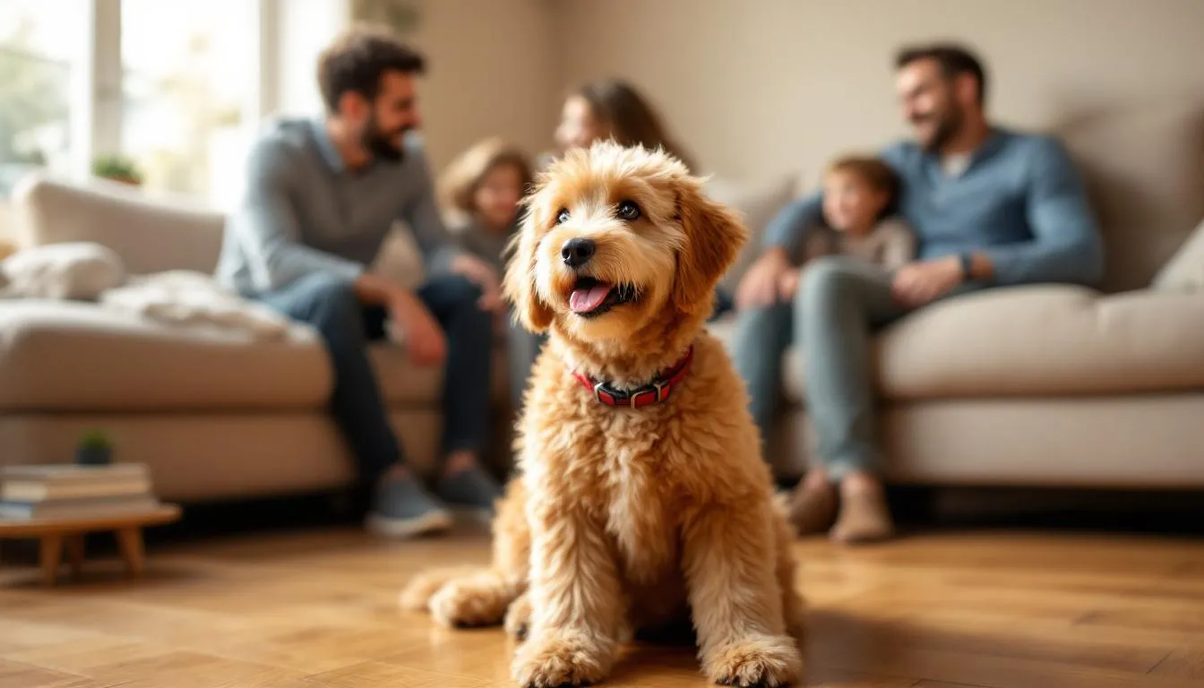 In a cozy living room, an adult mini goldendoodle sits happily with a family, showcasing its affectionate nature and playful demeanor. The family members, including children and parents, enjoy the companionship of this adorable pup, highlighting the mini goldendoodle