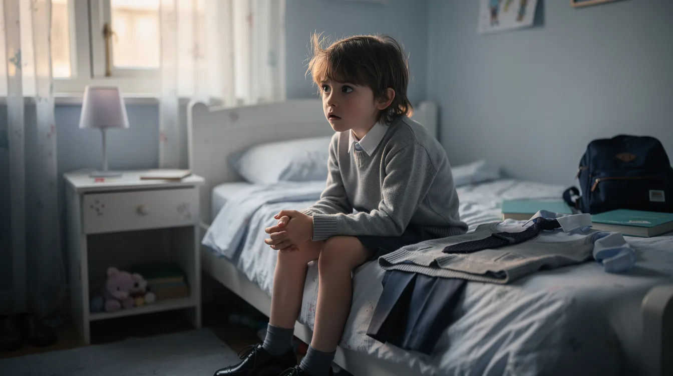 A young child sits on a bed in the early morning, looking worried, with a school uniform laid out beside them, reflecting the anxiety and stress that many younger children experience when preparing to attend school. This image highlights the importance of supportive environments and coping strategies to help children facing school-related difficulties.