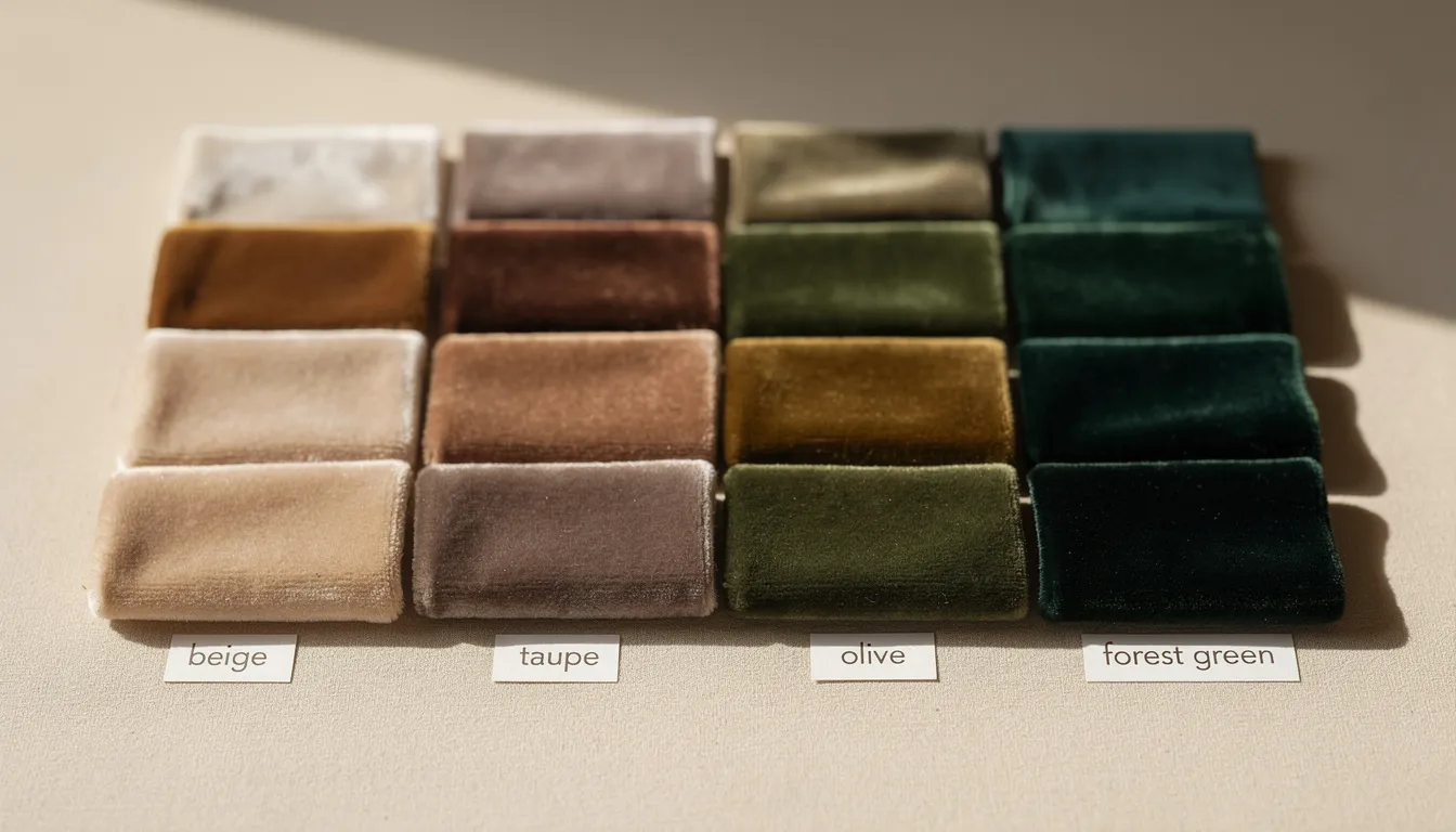 Een kleurenpalet met verschillende velvet wandbekleding in tinten van beige tot donkergroen, dat een luxe uitstraling en een verfijnde sfeer biedt voor elke ruimte. Deze stijlvolle wandbekleding draagt bij aan een comfortabele akoestiek en vermindert storende echo's.