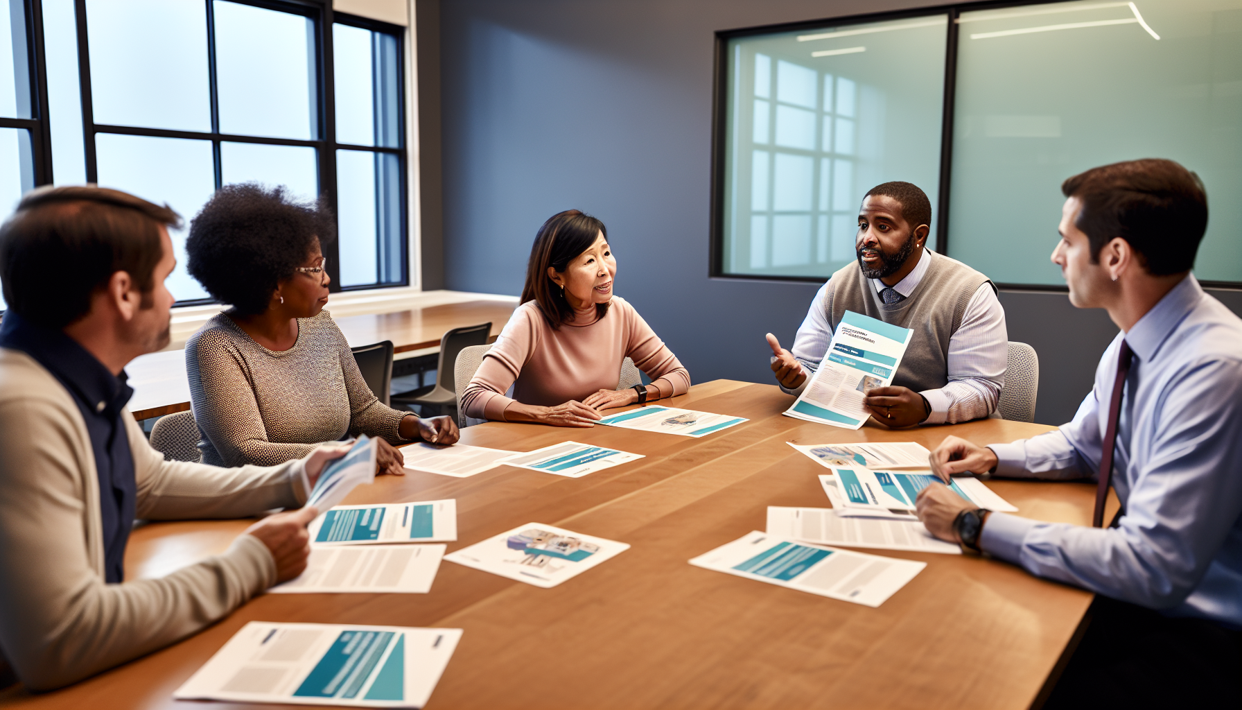 Diverse group of employees discussing benefits options