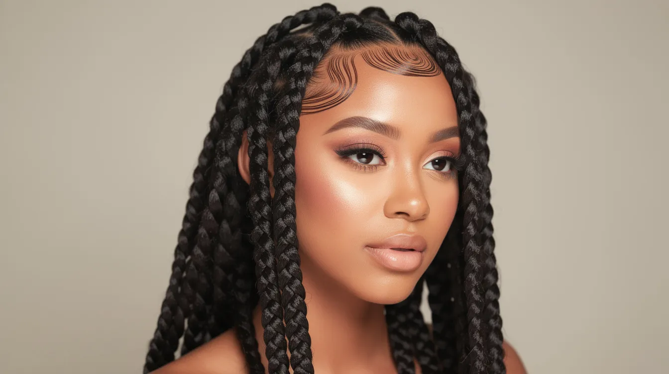 The image features a close-up of a person with stunning box braids, showcasing sleek baby hairs expertly laid along the hairline for smooth edges. The high shine finish highlights the beauty of the black hair, emphasizing the control and style achieved with the best edge control products.