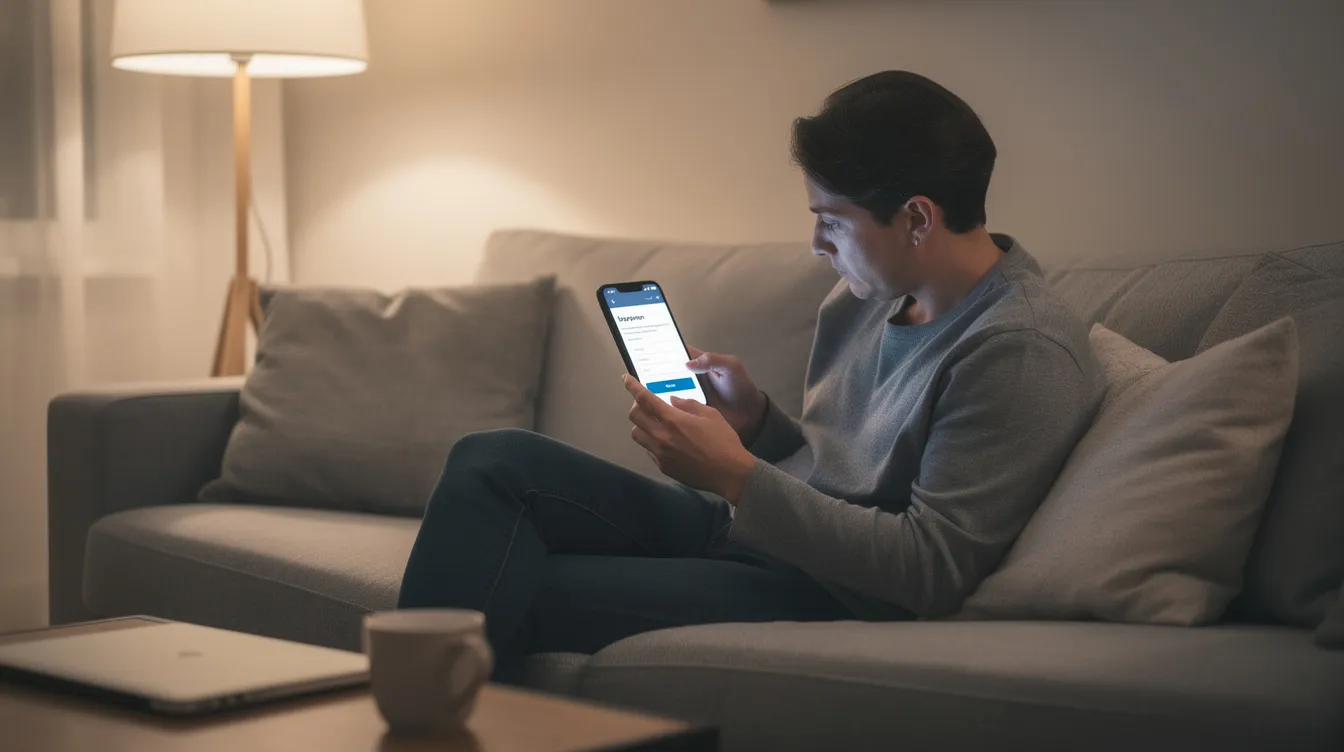 A person is sitting on a sofa and using a smartphone to fill out an online form, likely related to a loan application, as they navigate through options for "私人 貸款" and review details such as "每月 還款 額" and "實際 年 利率." The setting suggests a casual environment for managing financial tasks.